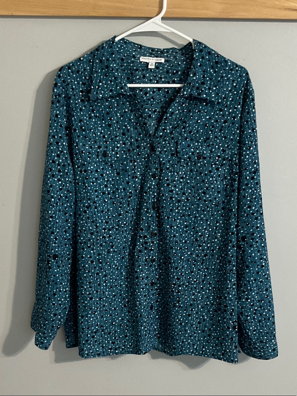 Notations Teal Dot-Print V-Neck Button-Up Blouse 3X